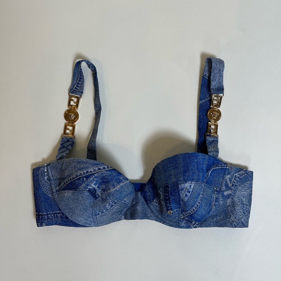Fendace Fendi Versace Denim Bra Bustier Bralette Blue Patchwork Buckle Crop Top - Picture 7 of 11